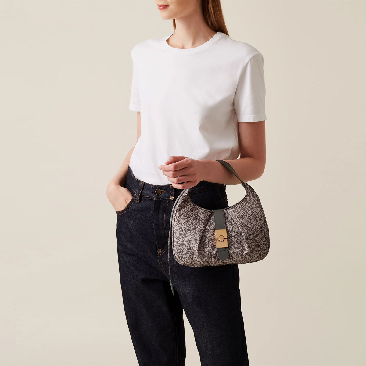 Borbonese Hobo Bag Cortina Small Clay Grey - 5