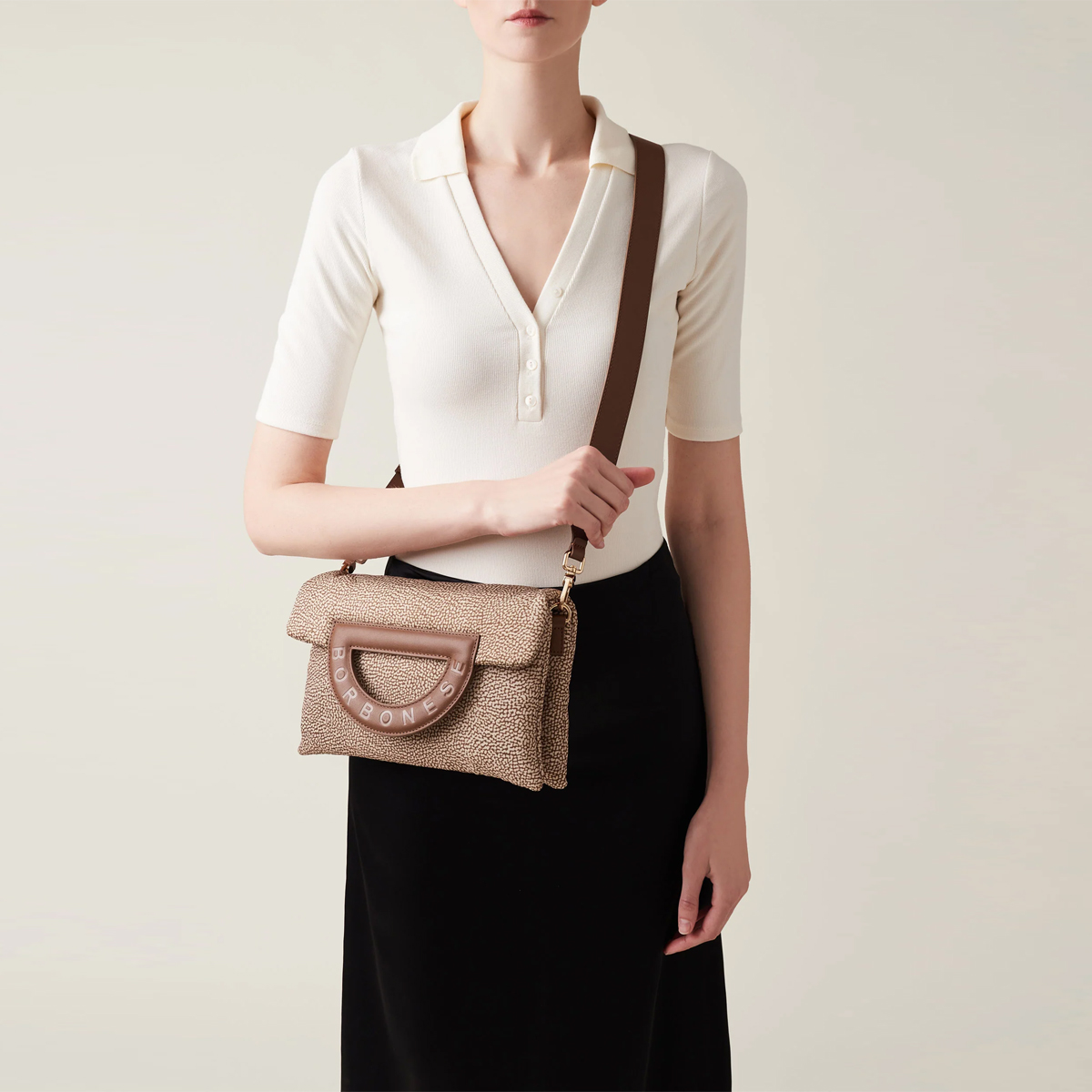 Borbonese Bouche Tracolla Small Beige Marrone - 2