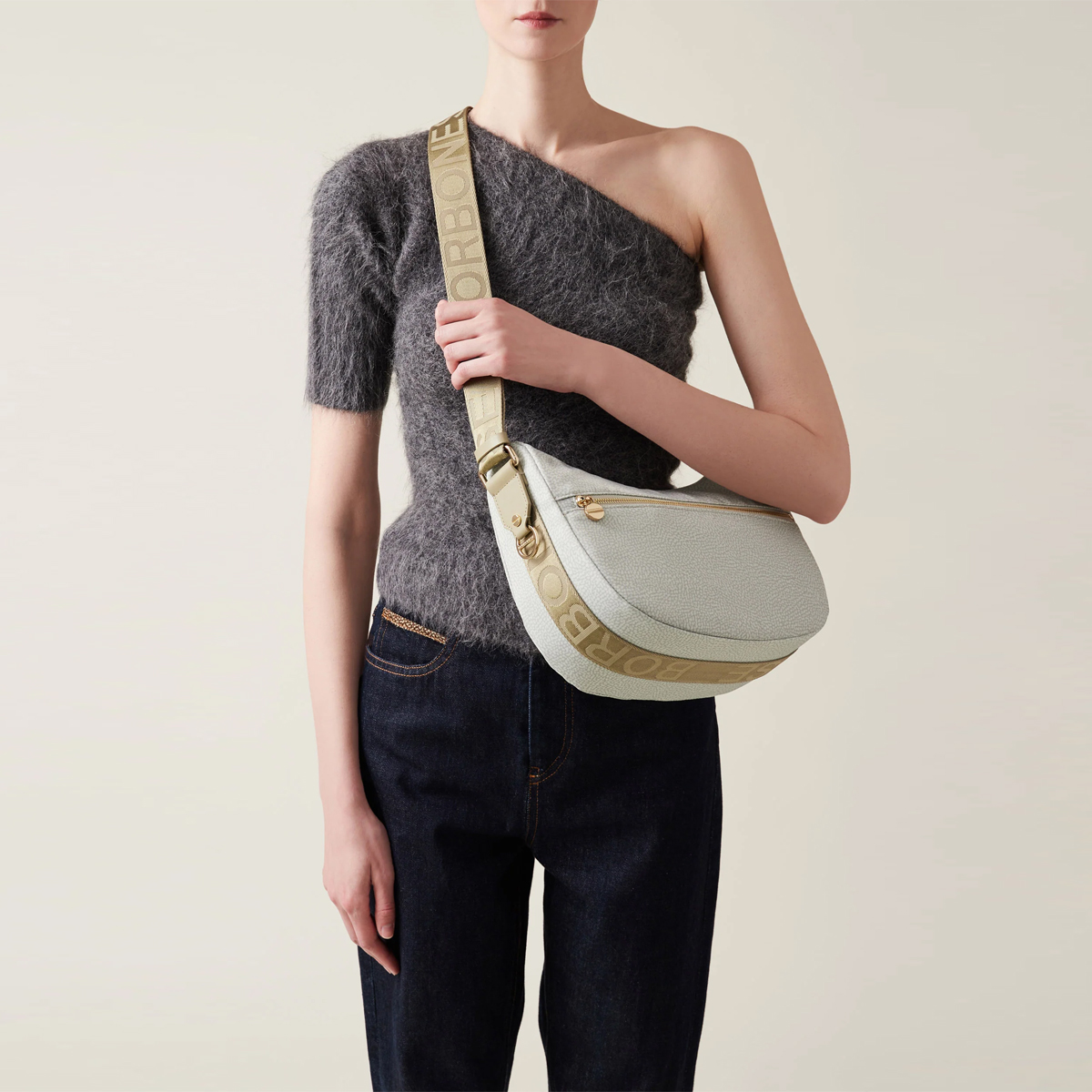 Borbonese Luna Small Kaki Recycled Nylon Bag with pocket - 2