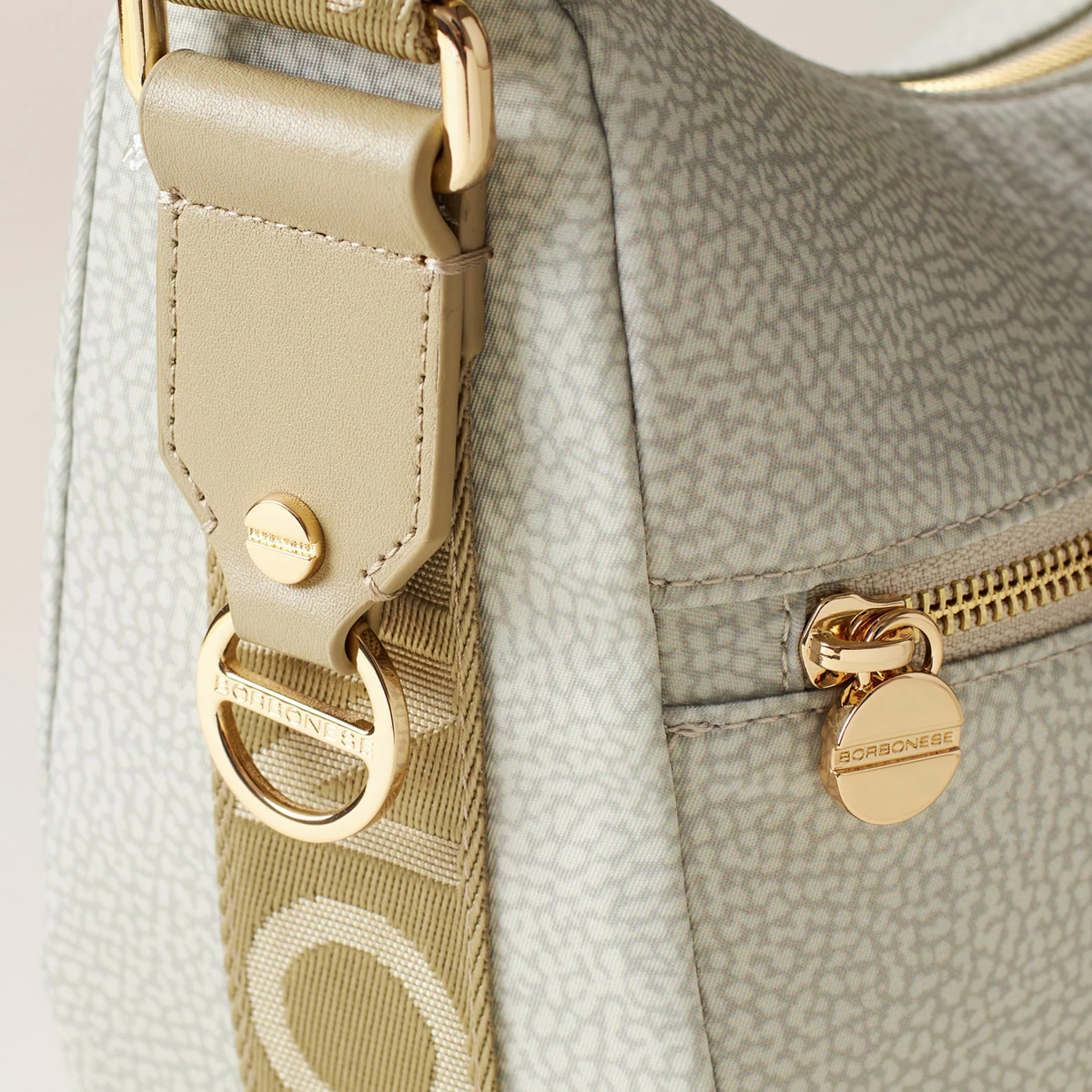 Borbonese Luna Small Kaki Recycled Nylon Bag with pocket - 6