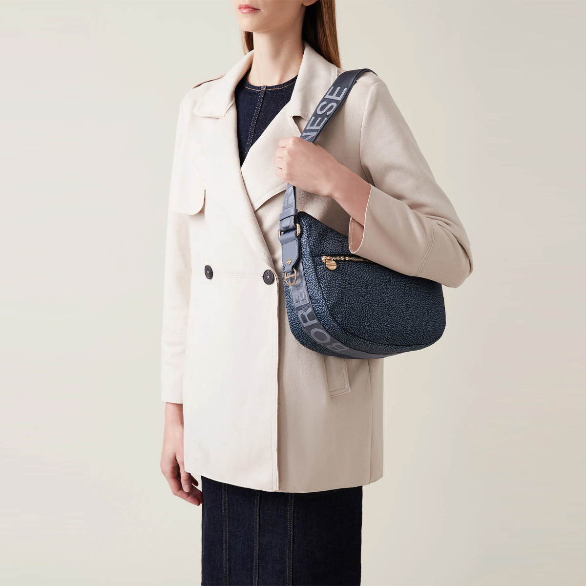 Borbonese Borsa Luna Bag Small con taschino in Nylon Riciclato Denim - 2