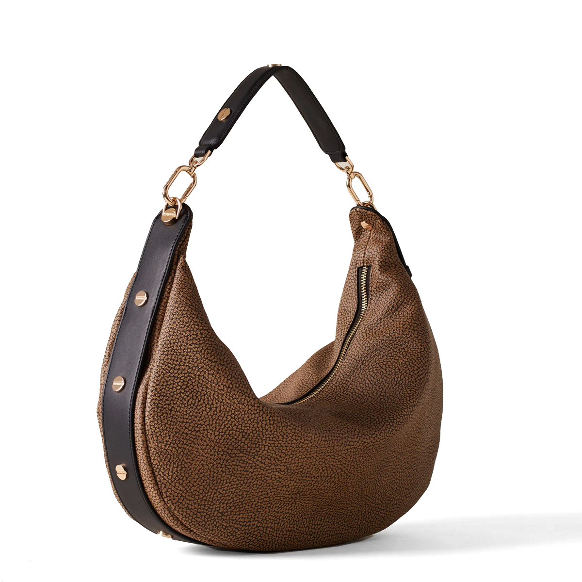 Borbonese Hobo Bag Oyster Medium in tela rivestita OP Naturale Nero - 2 Borbonese Hobo Bag Oyster Medium in tela rivestita OP Naturale Nero - 2