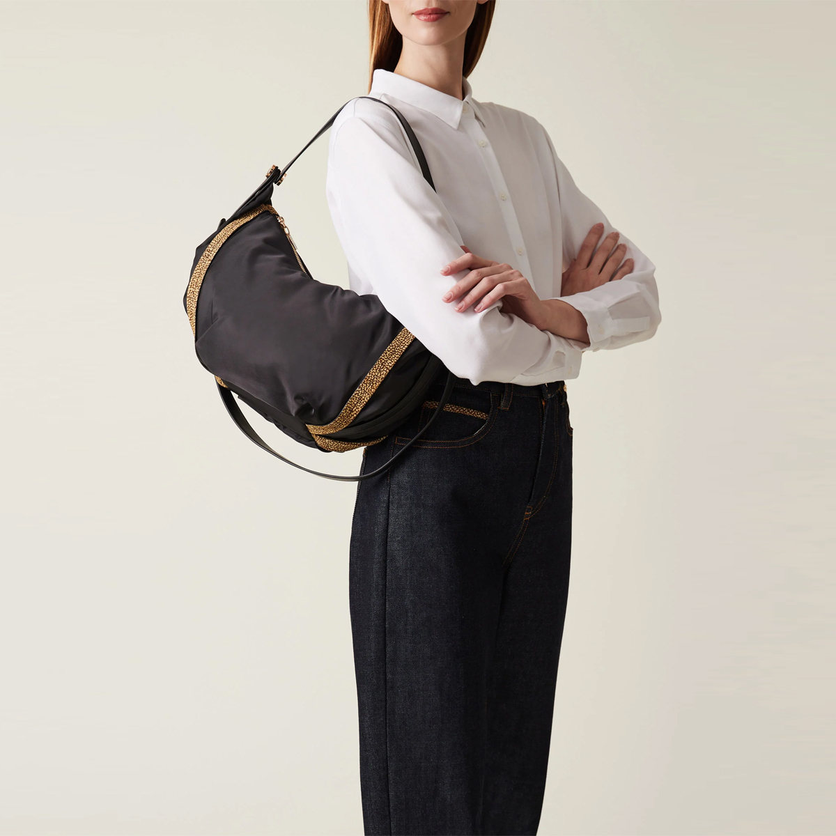 Borbonese Hobo Bag New Orbit Medium Nero OP Naturale - 2 Borbonese Hobo Bag New Orbit Medium Nero OP Naturale - 2