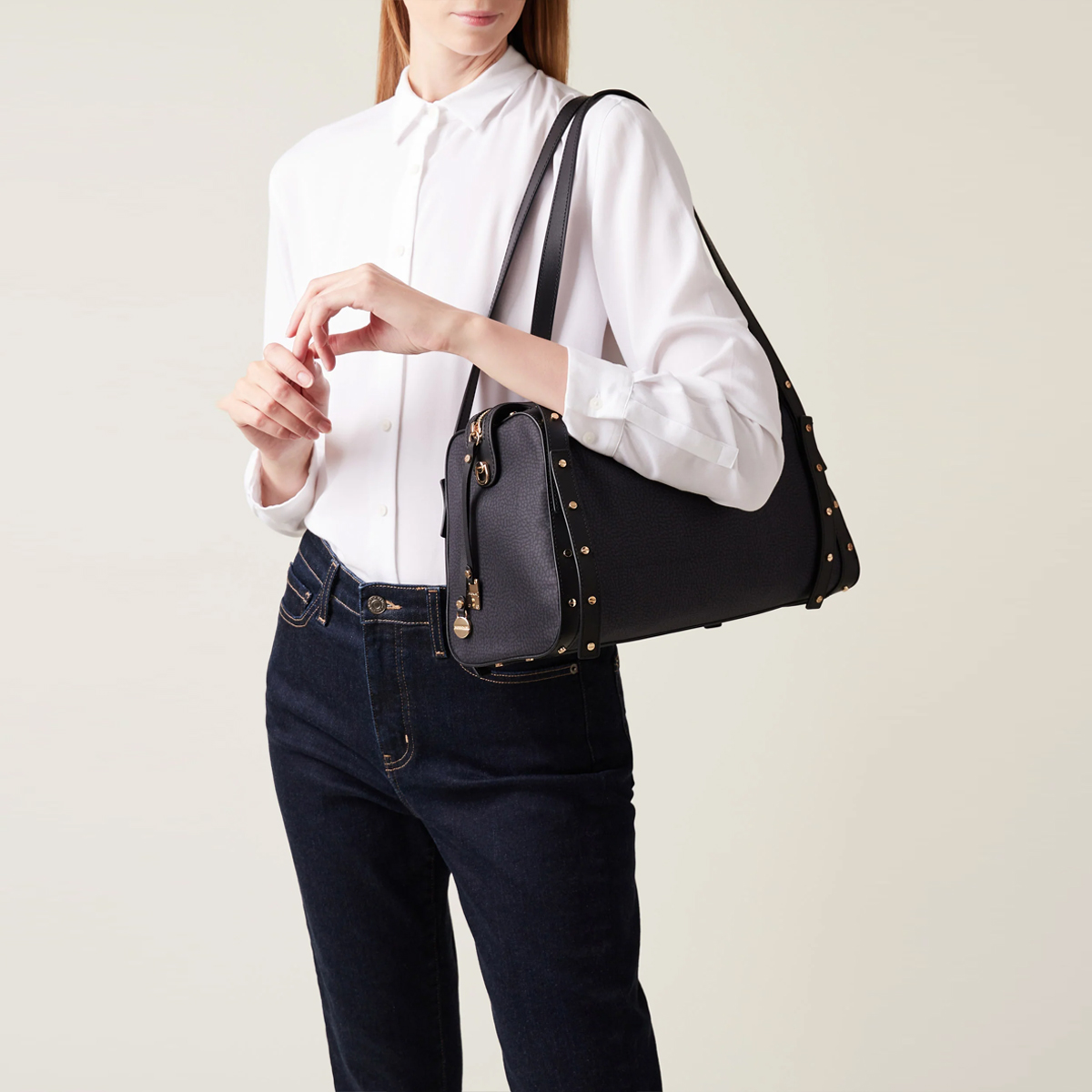 Borbonese Bauletto Metropole Medium Dark Black - 5 Borbonese Bauletto Metropole Medium Dark Black - 5
