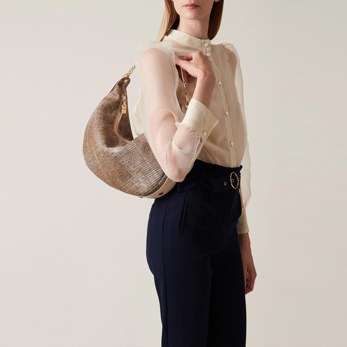 Borbonese Hobo Bag Oyster Medium in pelle Porridge - 5 Borbonese Hobo Bag Oyster Medium in pelle Porridge - 5