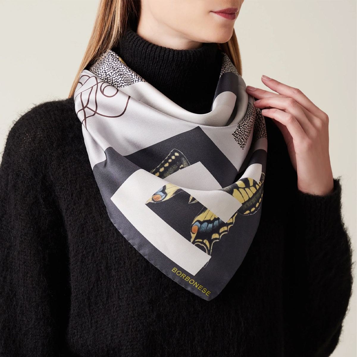 Borbonese Foulard Color Block 90x90 Nero Grigio - 3 Borbonese Foulard Color Block 90x90 Nero Grigio - 3