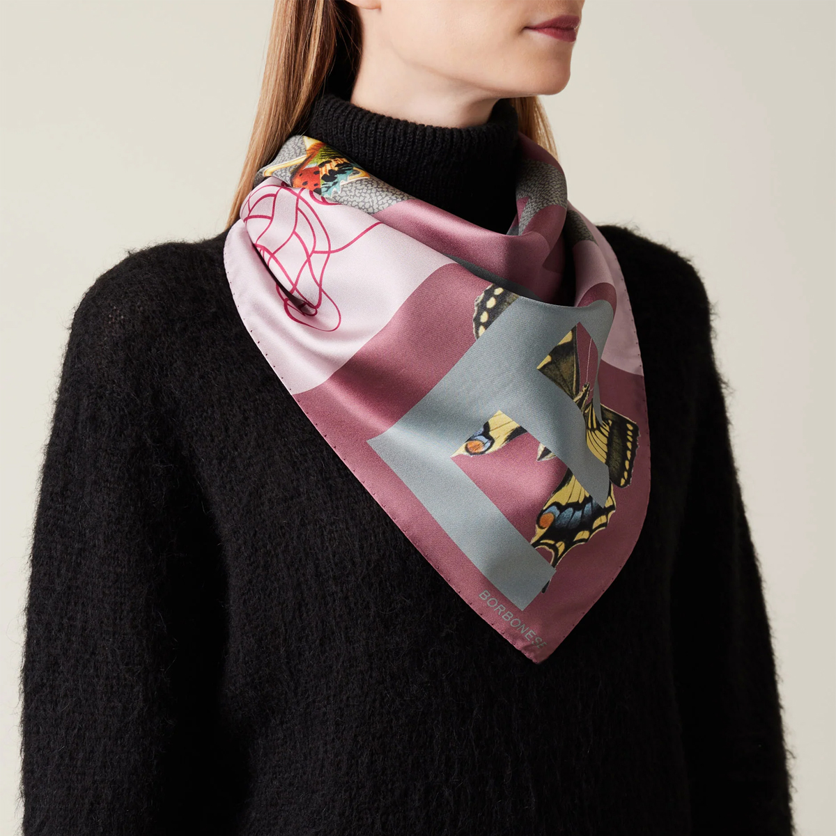 Borbonese Foulard Color Block 90x90 Amarone Edera - 3 Borbonese Foulard Color Block 90x90 Amarone Edera - 3