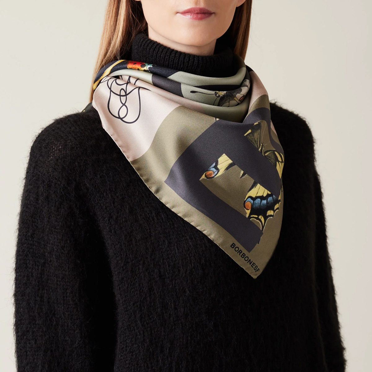 Borbonese Foulard Color Block 90x90 Oliva Porridge - 3 Borbonese Foulard Color Block 90x90 Oliva Porridge - 3
