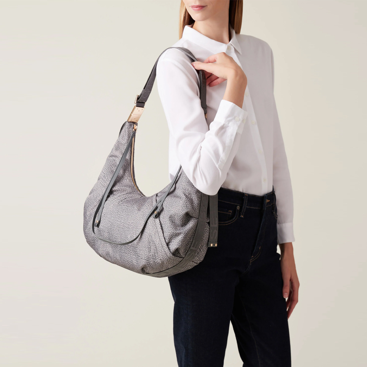 Borbonese Hobo Bag Fold Medium Clay Grey - 5 Borbonese Hobo Bag Fold Medium Clay Grey - 5