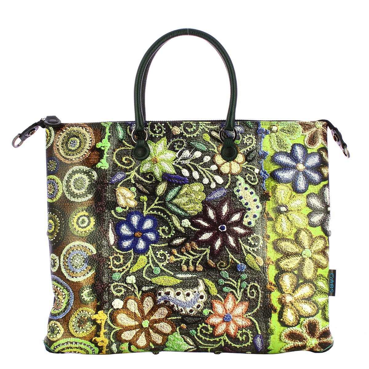 Gabs Borsa G3 Plus L Trip Pelle Bull Black Ricamo Verde Fiore - 1