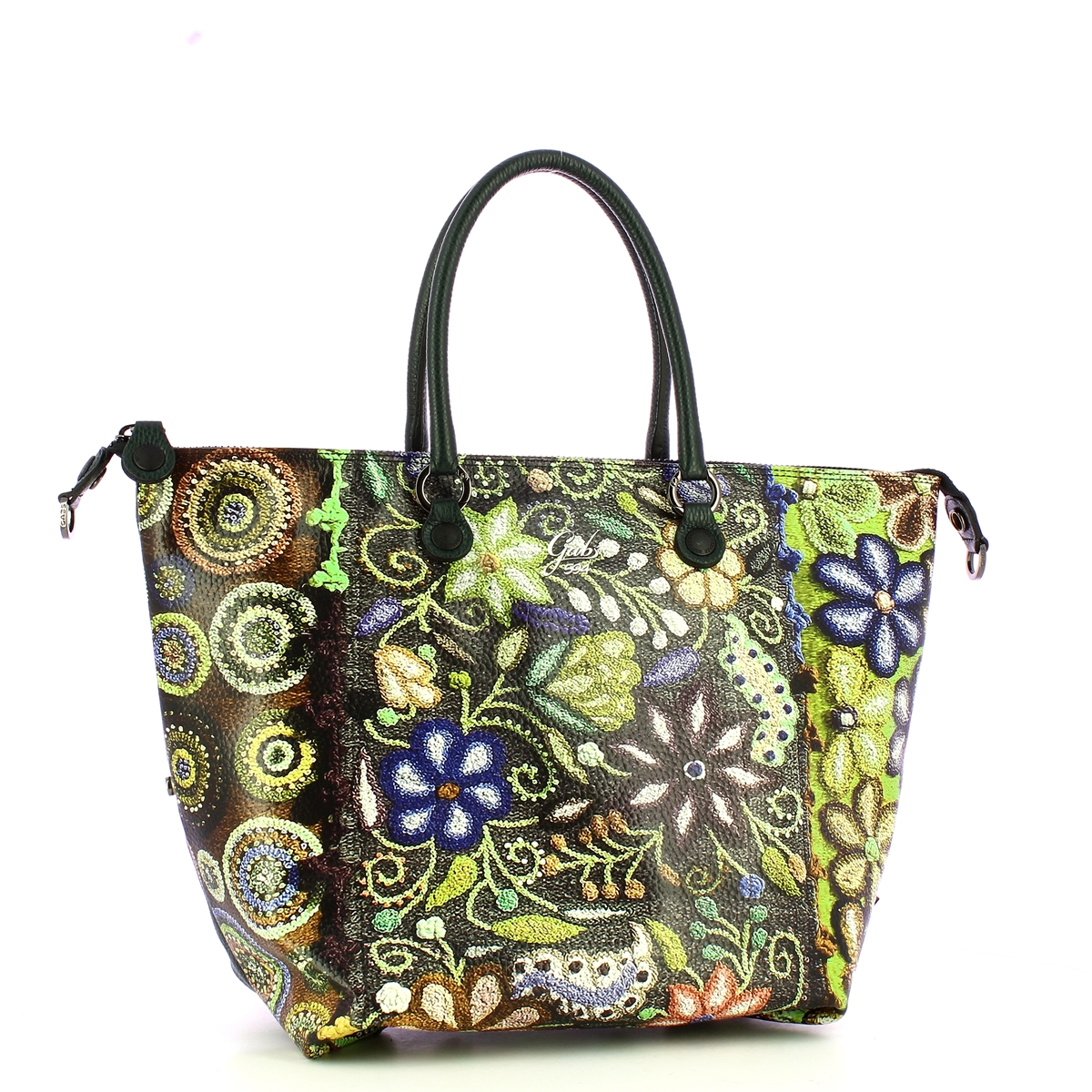 Gabs Borsa G3 Plus L Trip Pelle Bull Black Ricamo Verde Fiore - 2