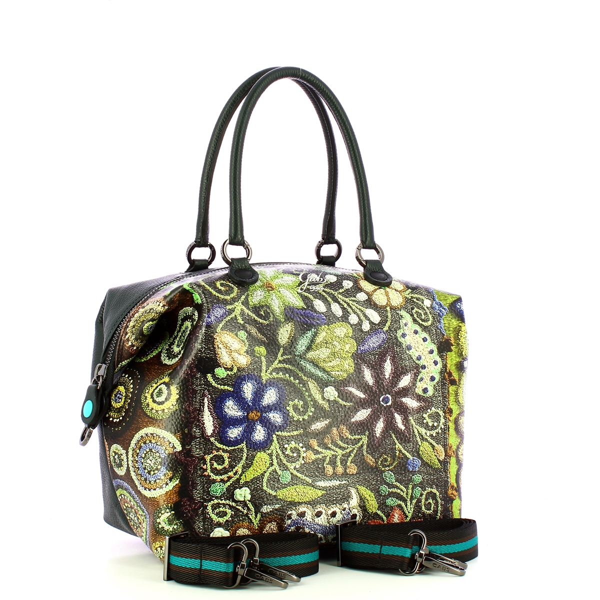 Gabs Borsa G3 Plus L Trip Pelle Bull Black Ricamo Verde Fiore - 3