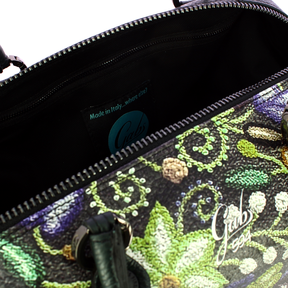 Gabs Borsa G3 Plus L Trip Pelle Bull Black Ricamo Verde Fiore - 5
