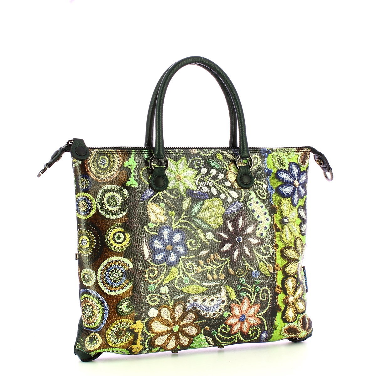 Gabs Borsa G3 Plus M Trip Pelle Bull Black Ricamo Verde Fiore - 2