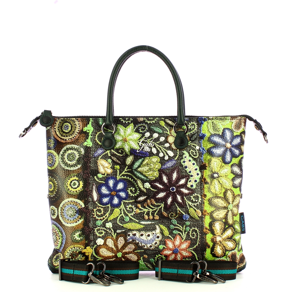 Gabs Borsa G3 Plus M Trip Pelle Bull Black Ricamo Verde Fiore - 4