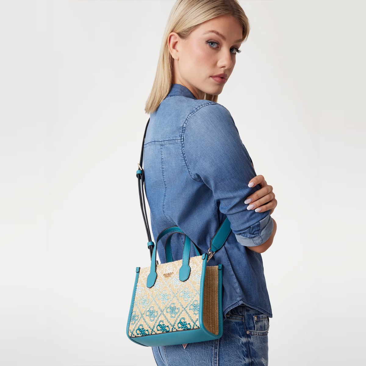 Guess Mini borsa a mano Silvana 4G Teal Logo - 3