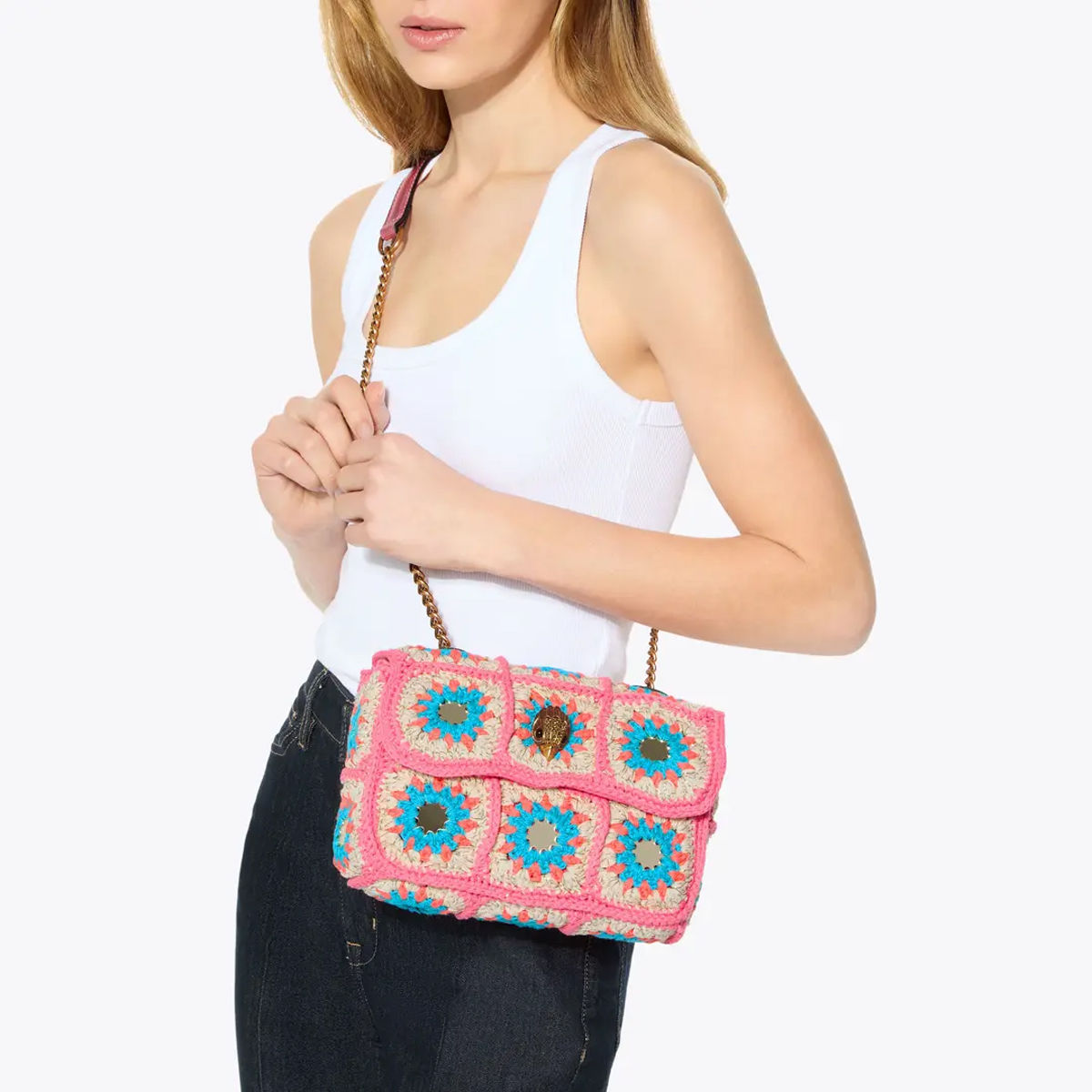 Kurt Geiger Tracolla Medium Kensington Bag Crochet Pink Comb - 2
