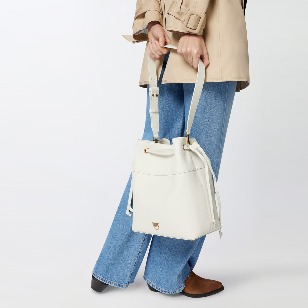 Pinko Borsa Secchiello Classic Bianco Seta Antique Gold - 6