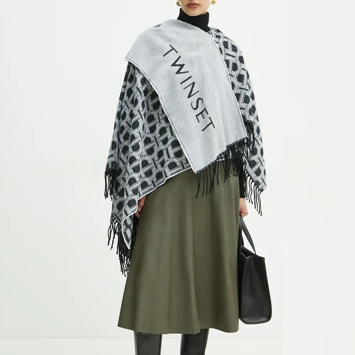 Twin Set Poncho Jacquard con Sciarpa Nero - 2 Twin Set Poncho Jacquard con Sciarpa Nero - 2